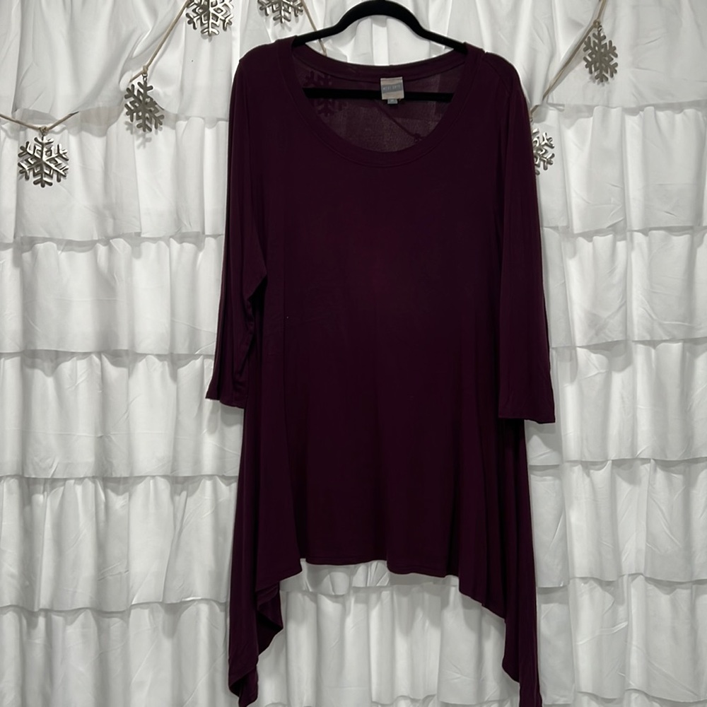 Purple 3/4 sleeve tunic with asymmetrical hemline